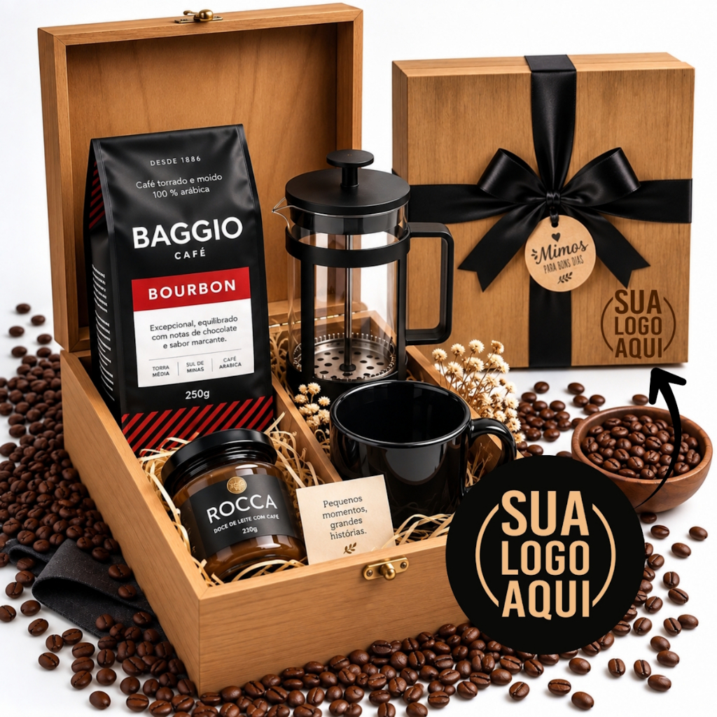 Cesta Presente Kit Café Gourmet Baggio ou Orfeu. Maleta em Madeira Personalizada - GRAVE O NOME OU SUA LOGO!