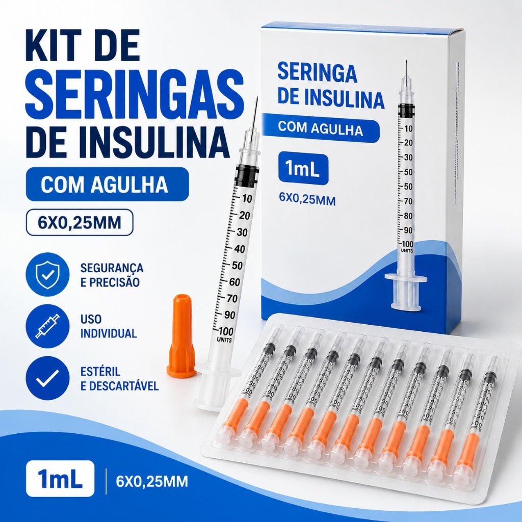Seringa Insulina Com Agulha 1ml 6x0,25mm Kit Com 10