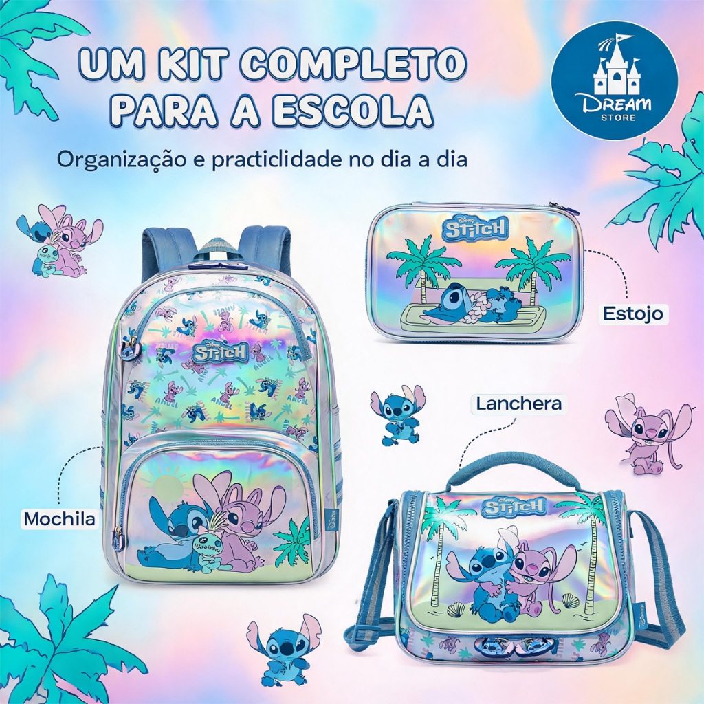 Kit Mochila Stitch Disney Infantil Escolar com Lancheira e Estojo