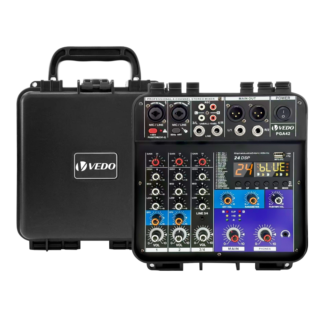 VEDO PGA42 Mesa De Som Amplificada Profissional 4 Canais 2x150W RMS com 24DSP/Bluetooth/EQ Phantom Power +48V Bivolt