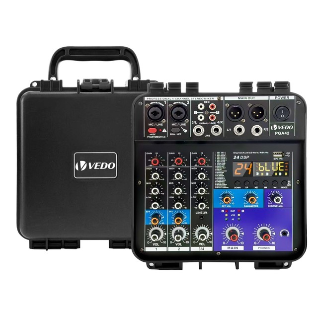 VEDO PGA42 Mesa De Som Amplificada Profissional 4 Canais 2x150W RMS com 24DSP/Bluetooth/EQ Phantom Power +48V Bivolt