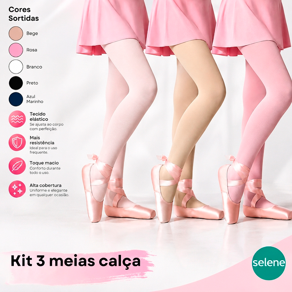 Kit 3 Meias Calça Infantil Fio 80 Algodão Meia Grossa Selene Cores Sortida 6 - 8 Anos Selene