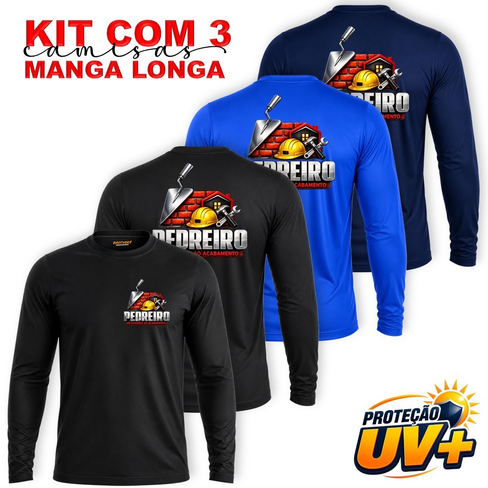 KIT com 3 Camisas MANGA LONGA Masculinas Uniforme PEDREIRO Mestre de Obra Ajudante Construção Civil Dry C/ Proteção UV+