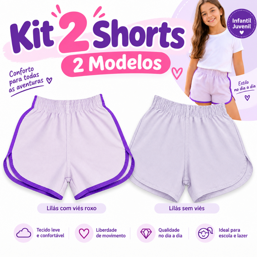 Kit 2 Shorts Infantil Feminino com Elástico e Viés Lilás Microfibra 2 ao 14 anos