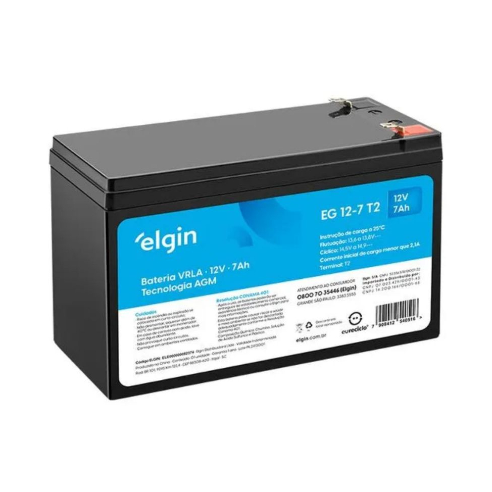 Bateria Elgin 12V 7Ah AGM VRLA Selada Terminal T2 para Nobreak UPS Alarme Segurança Iluminação Emergência