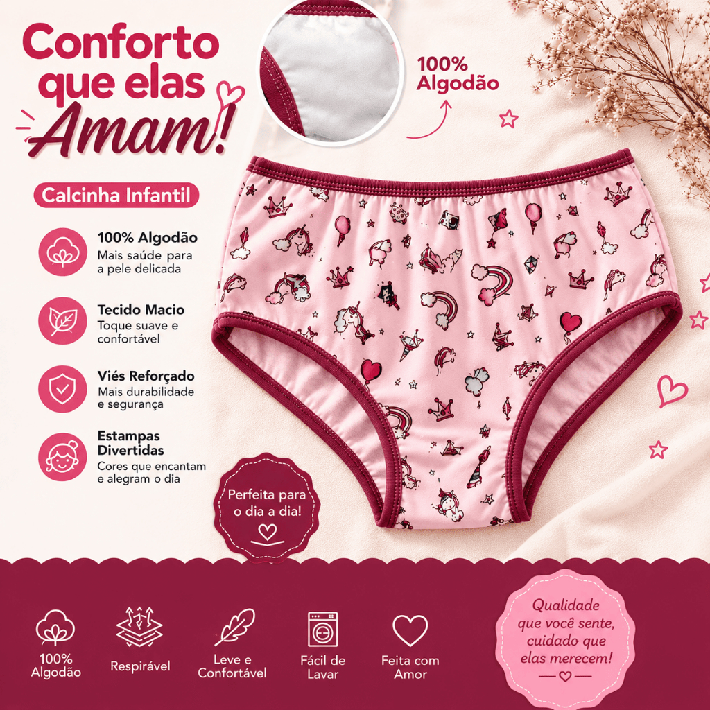 Kit 10 Calcinhas Infantil de Malha Estampadas 100% Algodâo Menina Tradicional Tapa Bumbum