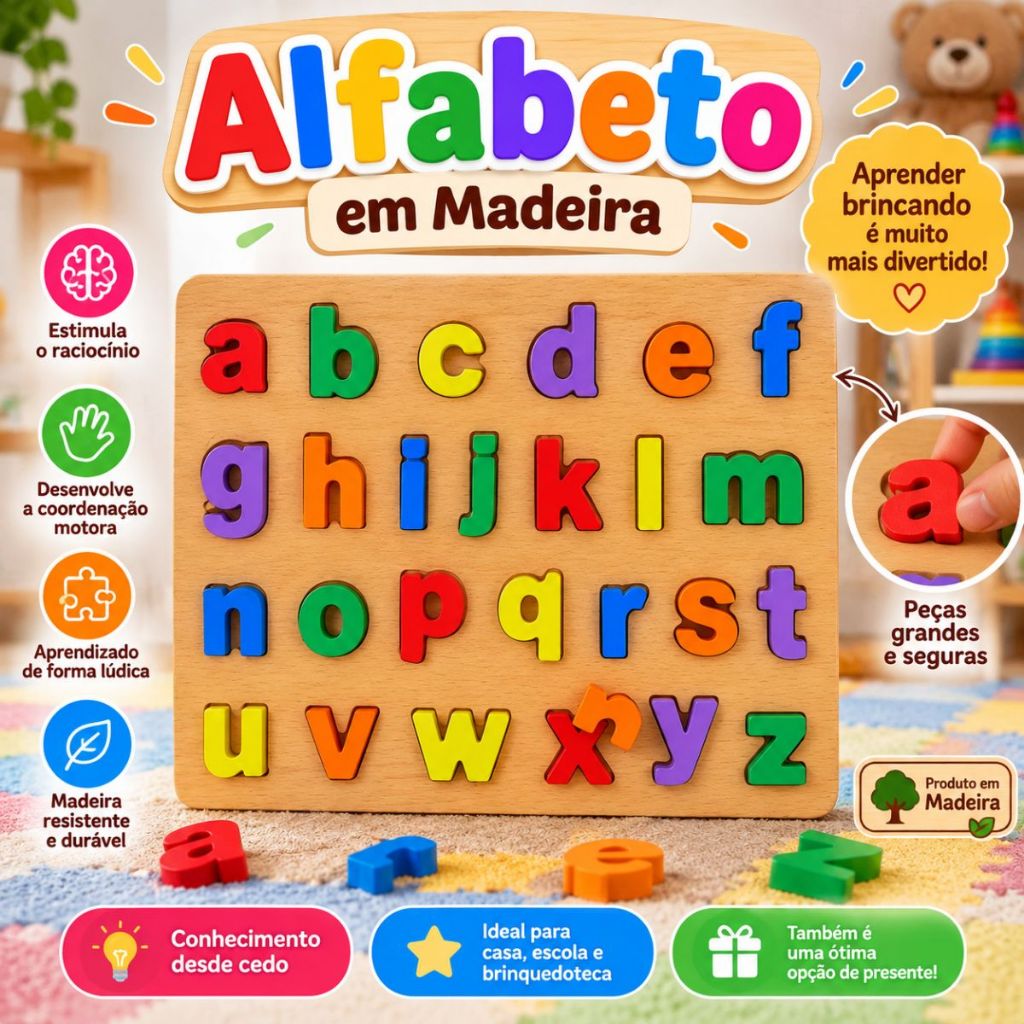 Quebra-Cabeça Encaixe Letras Divertidas Minúsculo Brinquedo Educacional Infantil Pedagogia Professor