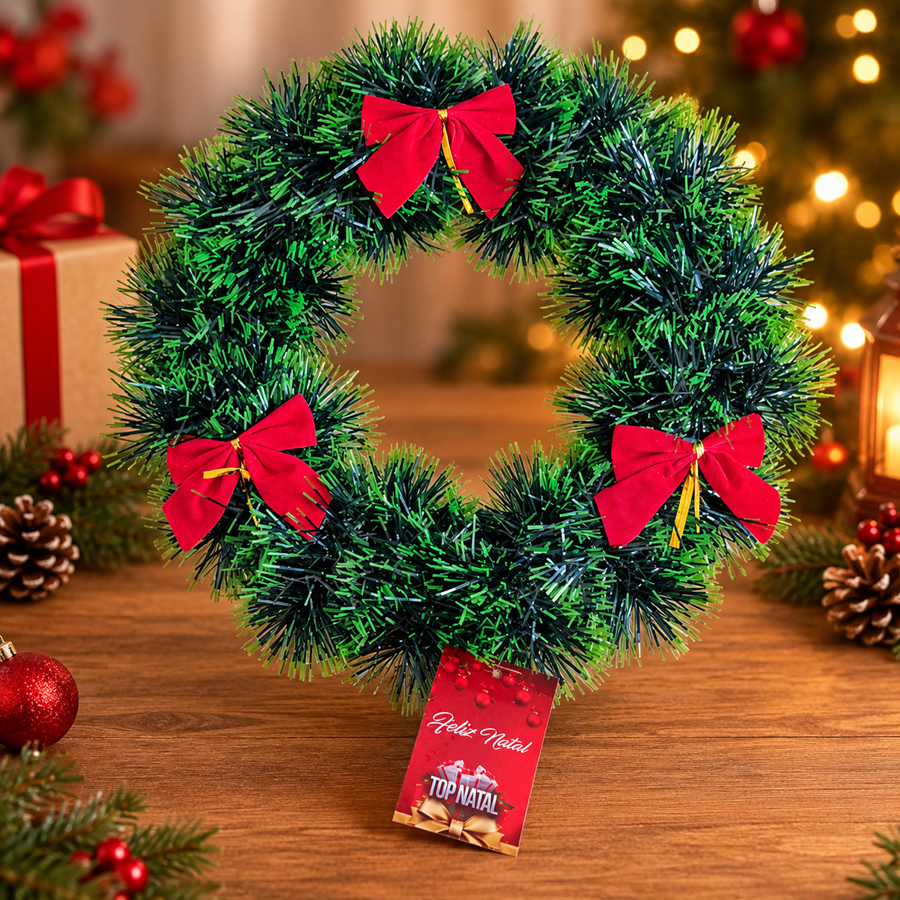 Guirlanda De Natal Enfeite Com Laço Vermelho Para Porta Nevada Papai Noel