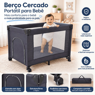 Berço Cercado Portátil para Bebê com Rodinhas e Tela Respirável, Cama Infantil Dobrável e Segura para Recém-Nascido