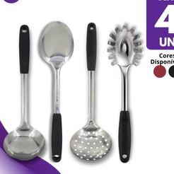 Kit Utensílios 4 Peças de Cozinha Inox com Cabo Plástico Escumadeira Concha Colher de Arroz e Pegador de Massas