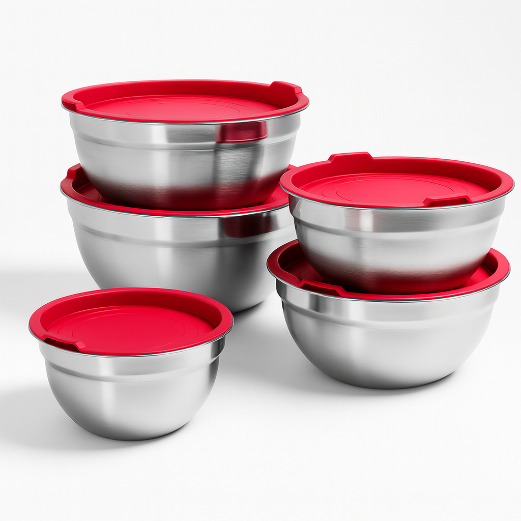 Kit Tigela 5 Bowl para Alimentos Tampa Vermelho Cozinha Louça Inox