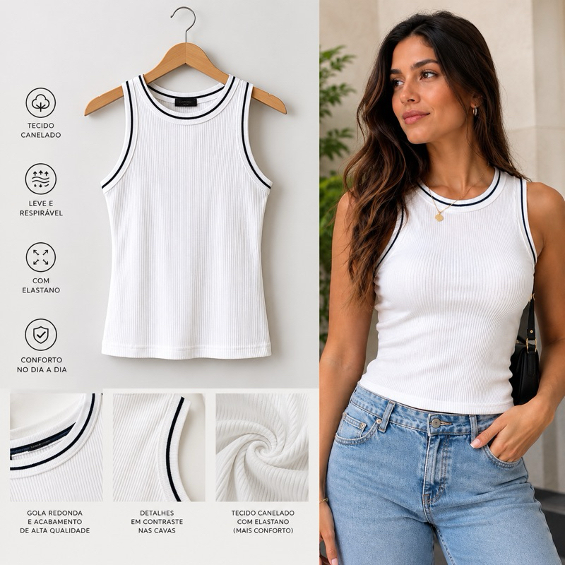 Regata Feminina Canelada Branca com Detalhe Contrastante | Blusa Sem Manga Casual