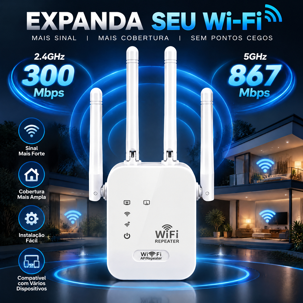 Repetidor WiFi 1200Mbps 2.4/5.8G 4 Antenas Sinal Forte Atravessa Paredes Plug Play Stream 4K Jogos Modo AP Plug Europeu