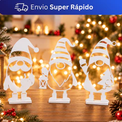 Kit 3 Gnomos de Natal Decorativos com Suporte para Mesa Enfeite Natalino para Sala Aparador Estante Decoração