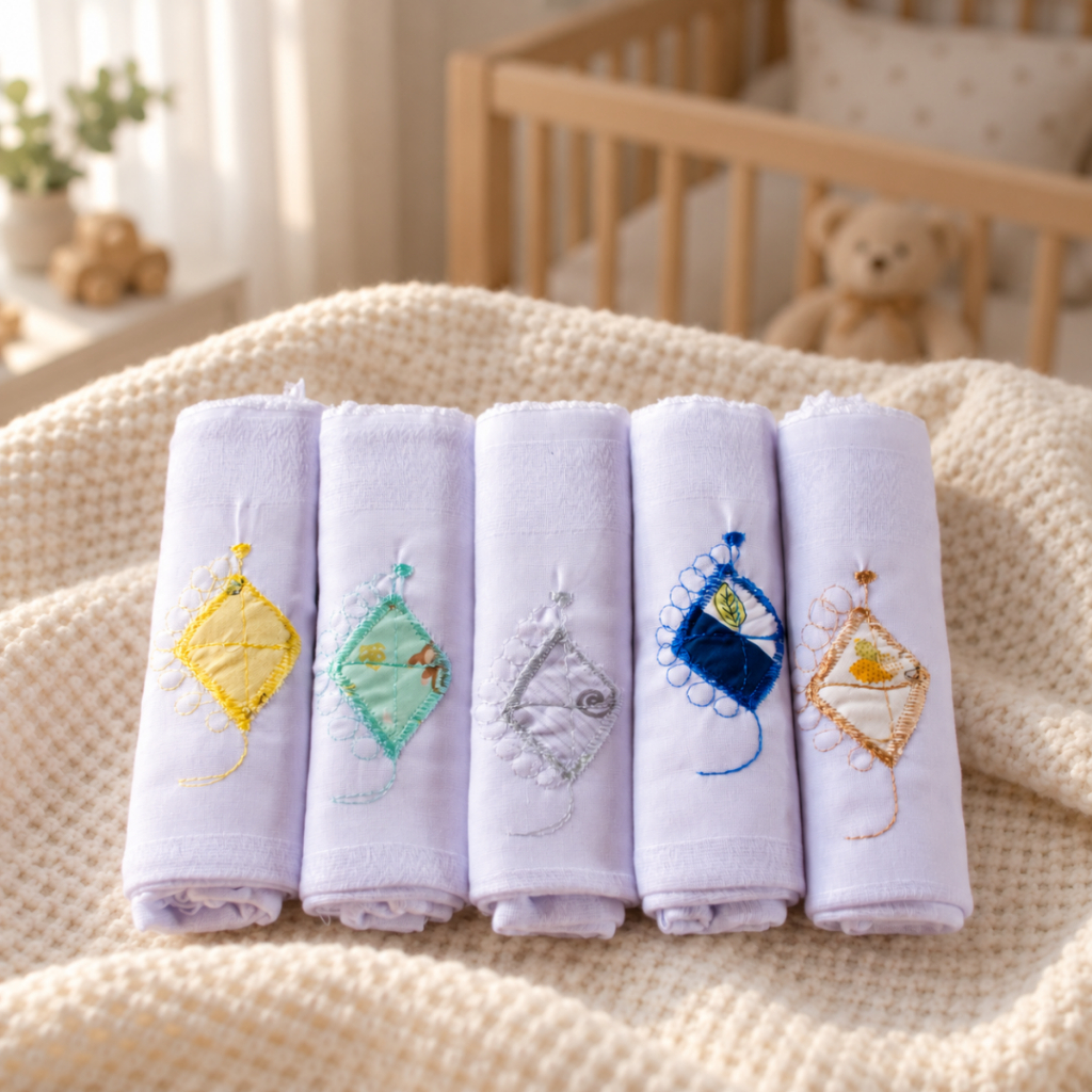 Kit 5 Peças Fralda de Pano Para Bebê Tecido 100% Algodão Bordadas Bainha Reforçada Luxo Fraldinha 70x70cm Menino Menina