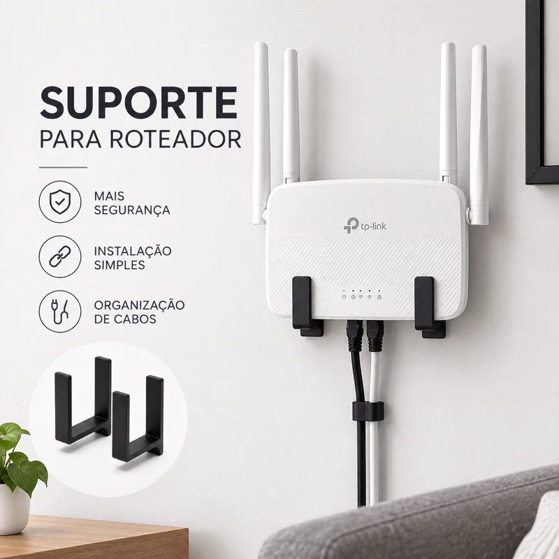 Suporte para Roteador e Modem de Parede Sem Furo com Fita 3M Universal Organizador WiFi Adesivo - Preto Kit Avulso