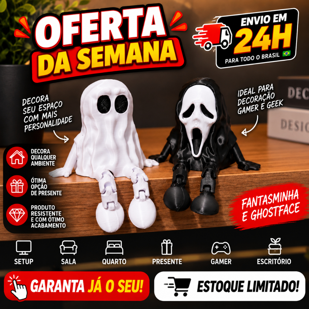 Fantasminha e Ghostface Decorativo para Setup Gamer, Quarto Geek, Escritório, Mesa e Halloween Enfeite Criativo Terror