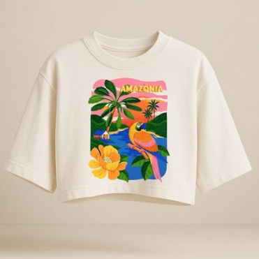 Cropped Blusa Over Sized 100% Algodão Look Feminino Estampado Tropical Rio Brasil Estiloso Tendencia