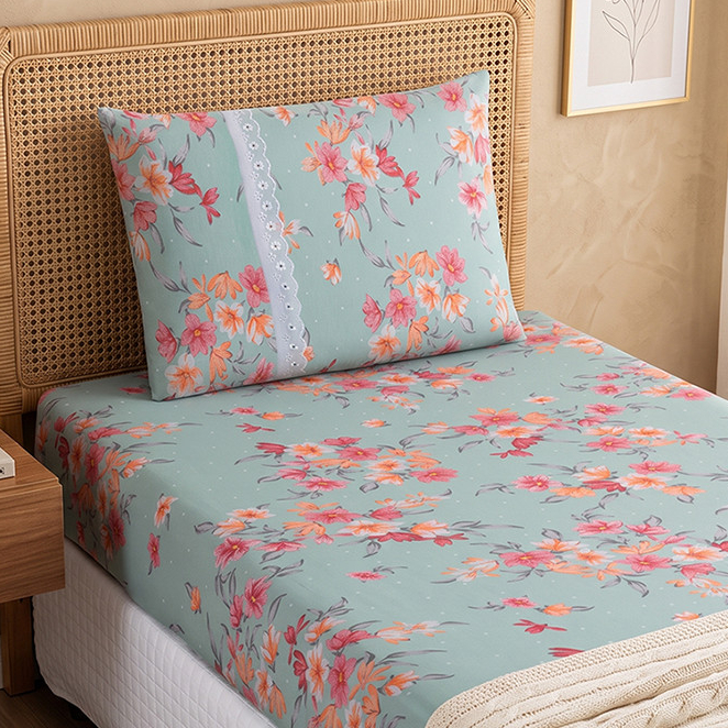 Lençol Solteiro Estampado 100% Algodão Em Malha Com Elástico 2 Peças Fronha Com Zíper Roupa De Cama