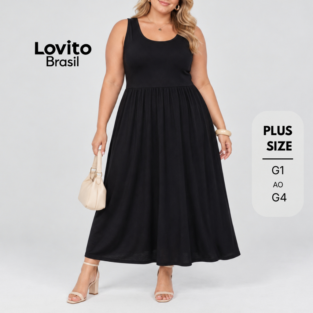 Lovito Plus Size Vestido Feminino Midi Rodado DRB271BRL300