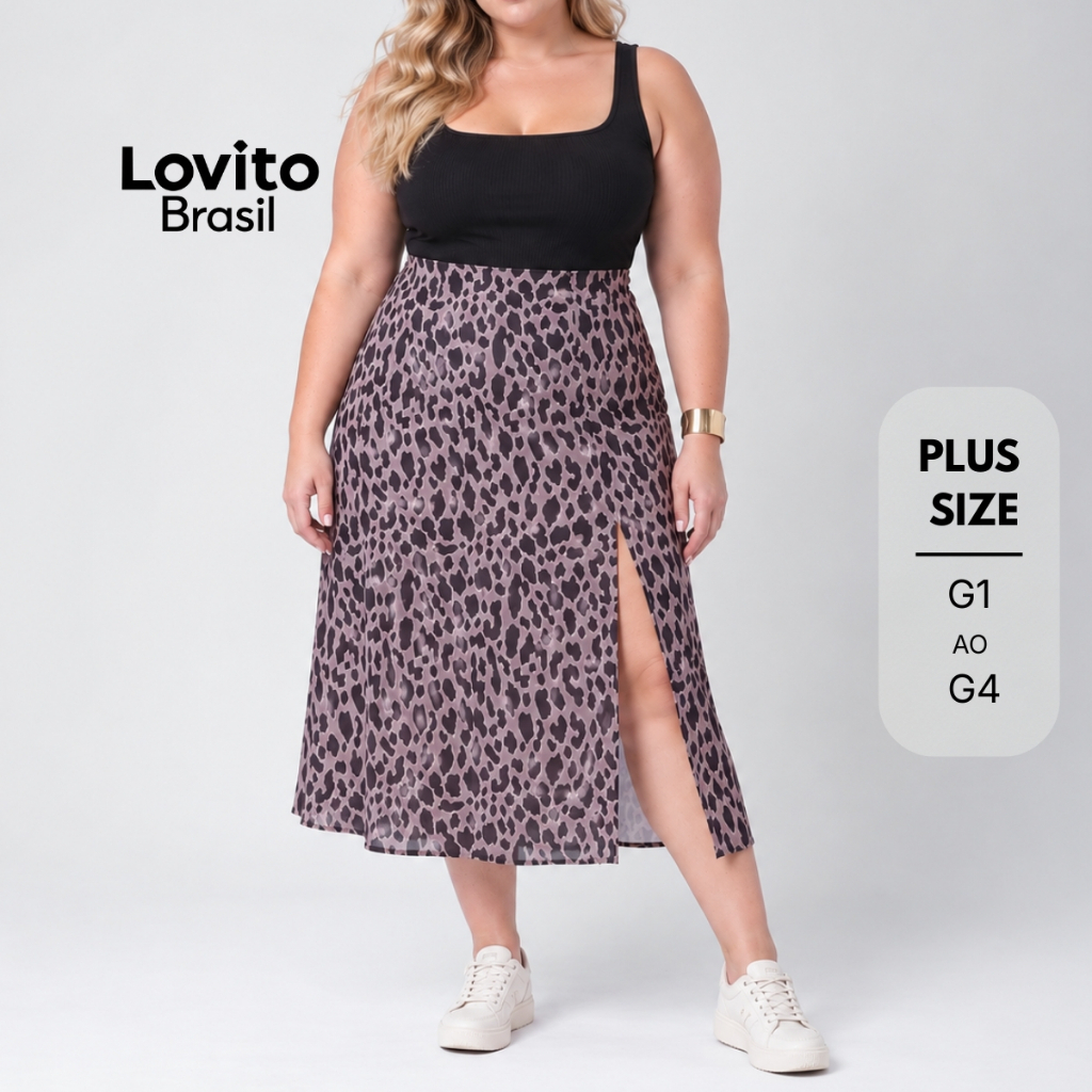 Lovito Plus Size Saia Feminina Midi Estampa Animal Print SKB129BRL158