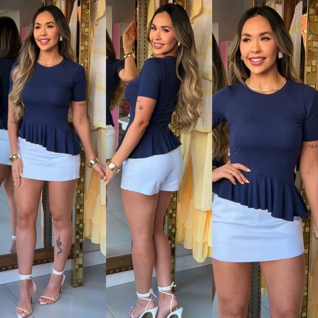 Blusa Feminina Peplum Manga Curta Suplex Canelada Babado Tendência Verão Blogueira Confortável Casual Luxo Azul Bebê