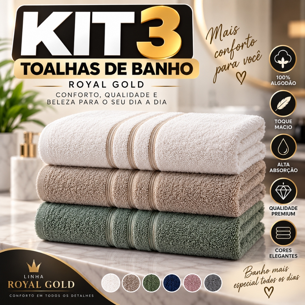 Kit 3 Tolhas De Banho Royal Gold 70x130cm Grande Banhão Felpuda Macia 100% Algodão Excelente Absorção