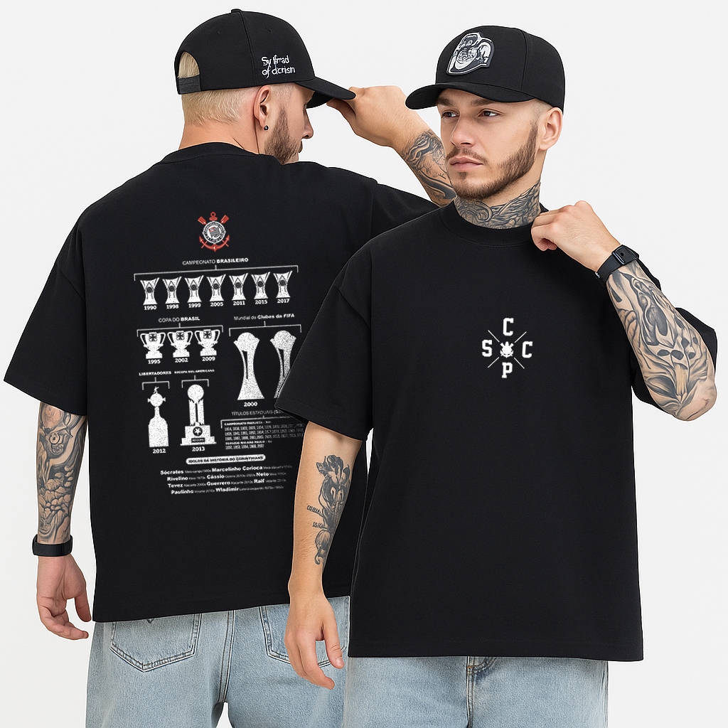 Camiseta Oversized Corinthians SCCP Masculina Streetwear Algodão Larga Unissex Preta
