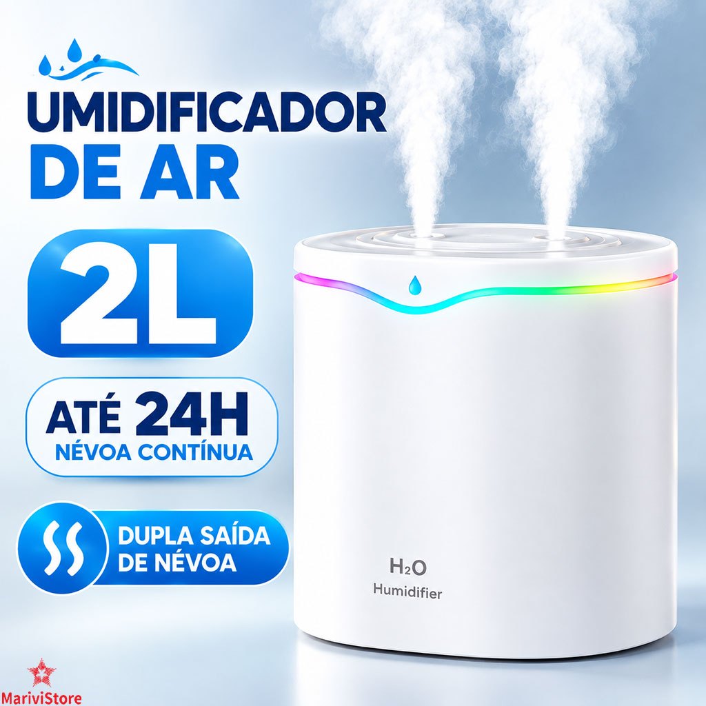 Umidificador De Ar 2 Litros Grande Silencioso Com Aromatizador e LED 3 em 1 Dupla Saída De Névoa 24 Horas Para Quarto