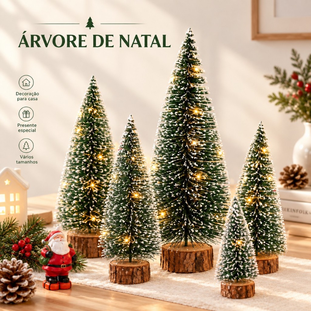 Árvore de Natal Mini Nevada 15/20/30cm com Base de Madeira Decoração Natalina para Casa Mesa Escritório