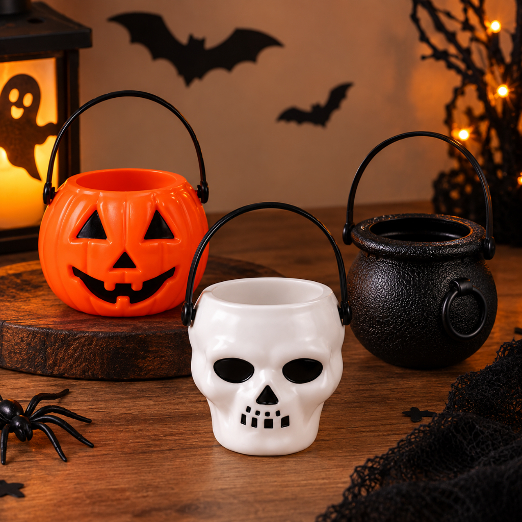 Kit 3 Mini Baldinhos Halloween Caveira Caldeirão Abóbora SilverFestas