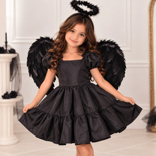 Fantasia infantil  Anjo Negro  Vestido Preto Asas E Tiara Fantasia de criança menina 2 AO 10