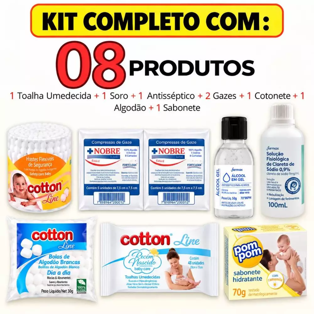 Kit Higiene Toalha Umedecida Recém-Nascido Bebê Kit C/ 8 Itens Cotonete+Soro+Gaze+Algodão+Lencinho