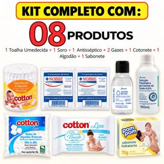Kit Higiene Toalha Umedecida Recém-Nascido Bebê Kit C/ 8 Itens Cotonete+Soro+Gaze+Algodão+Lencinho