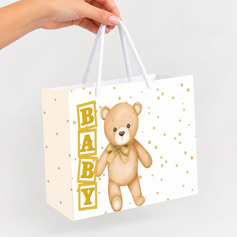 Sacola Surpresa Chá Revelação Ursinho Dourado Sacolinha Personalizada Lembrancinha para Festa Chá de Bebê