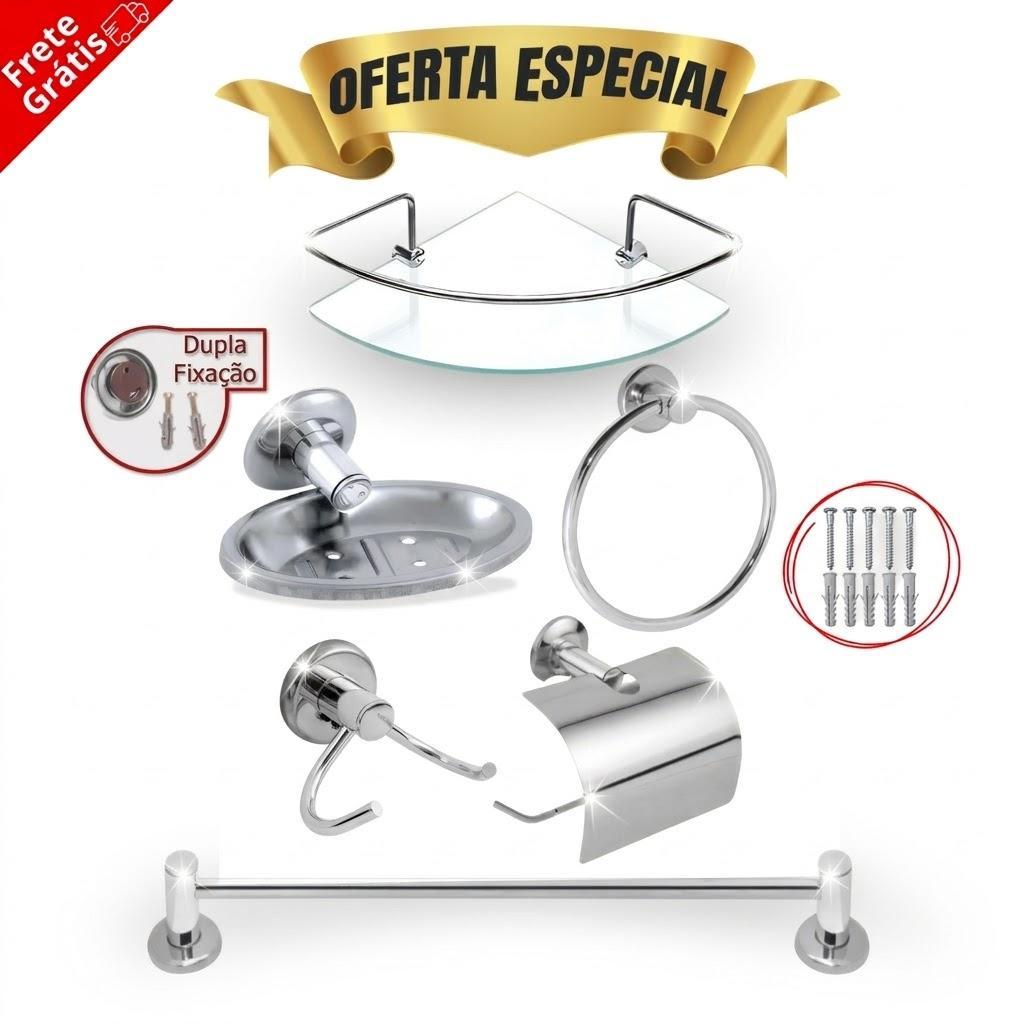 Kit 5 Peças Banheiro Inox + Prateleira Cantoneira Vidro Box