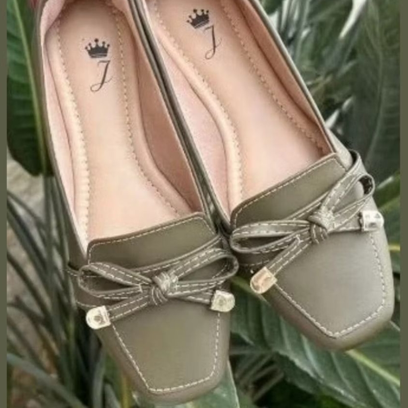Mocassim Feminino Bico Quadrado Verde Militar Laço Delicado Sapatilha Feminina Calçado Casual
