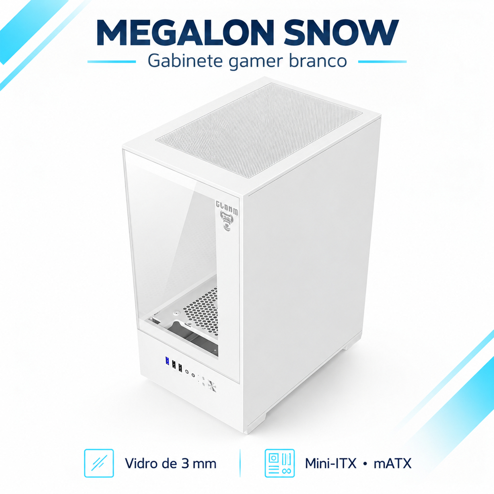 Gabinete Gamer Clanm Megalon Branco para Setups Compactos com Vidro Temperado e RGB