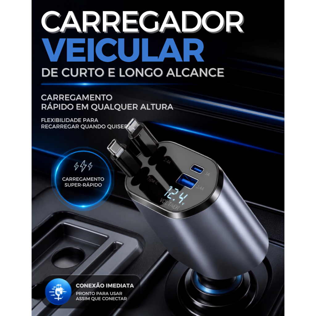 Carregador Automotivo Retrátil 4 em 1 USB Carregamento Rápido iPhone Android 120W Obitta