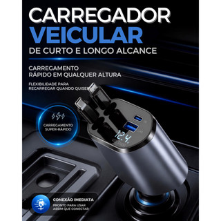 Carregador Automotivo Retrátil 4 em 1 USB Carregamento Rápido iPhone Android 120W Obitta