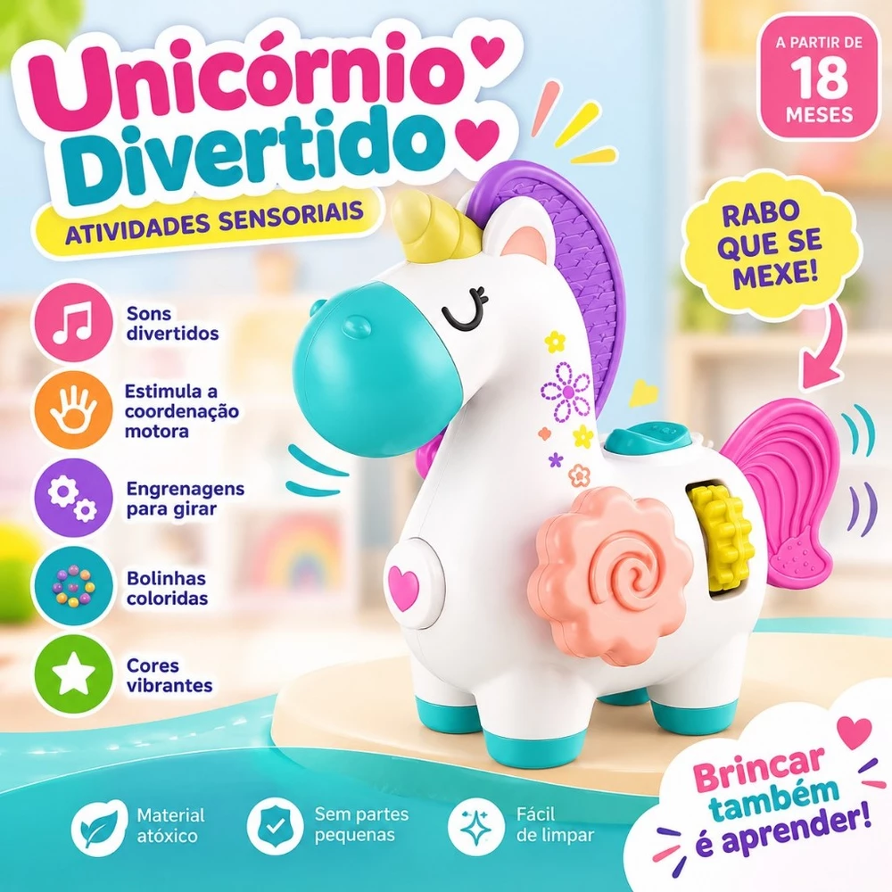 Unicórnio Sensorial Educativo Colorido Esímulo Divertido Rodar Apertar Atividade Cognitiva Infantil