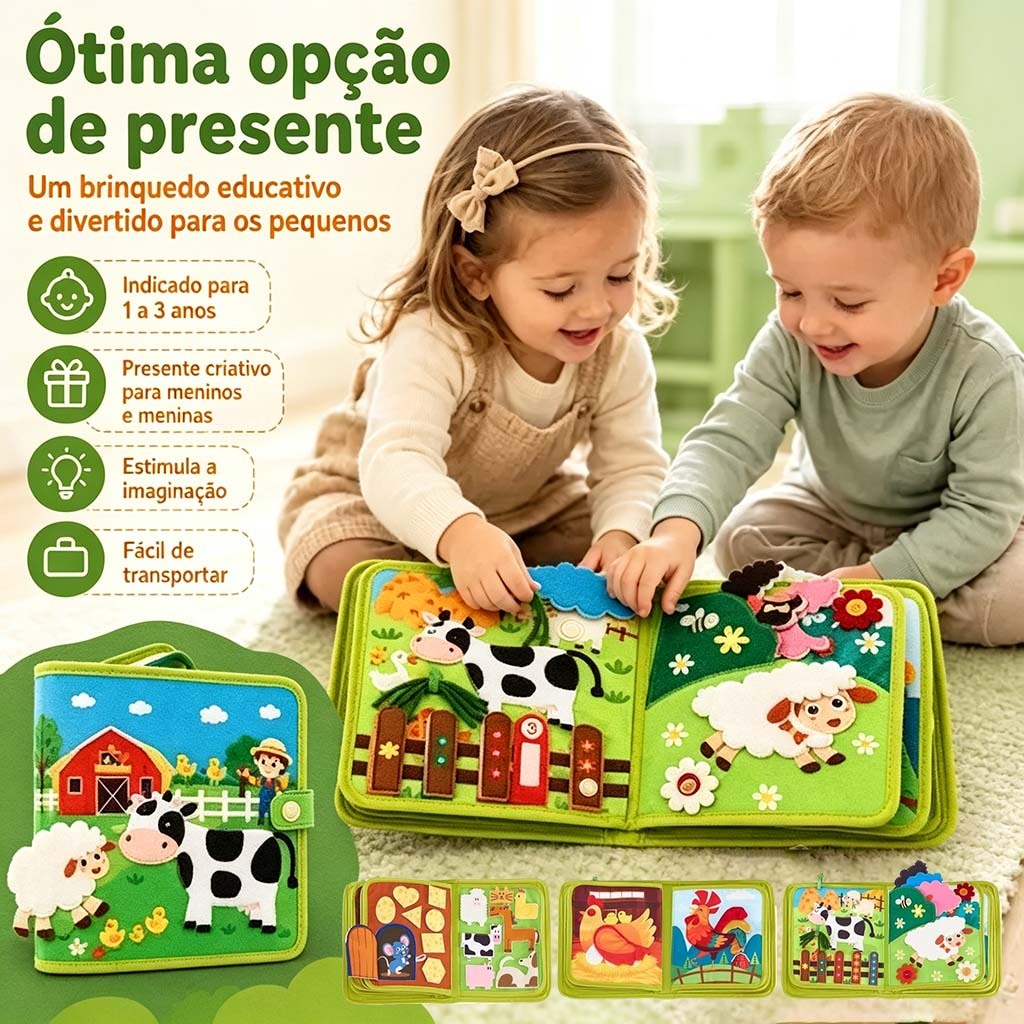 Livro Sensorial Montessori Fazenda em Feltro, Quiet Book Interativo, Brinquedo Educativo Infantil para Bebês e Crianças