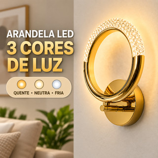 Arandela LED de Parede Redonda Cristal Dourada Bivolt 3 Cores Moderna para Sala Quarto Corredor