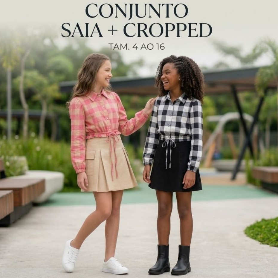 Conjunto Combinadinho infantil Menina Blusa Cropped e Saia Juvenil Feminino Blogueirinha Manga Longa