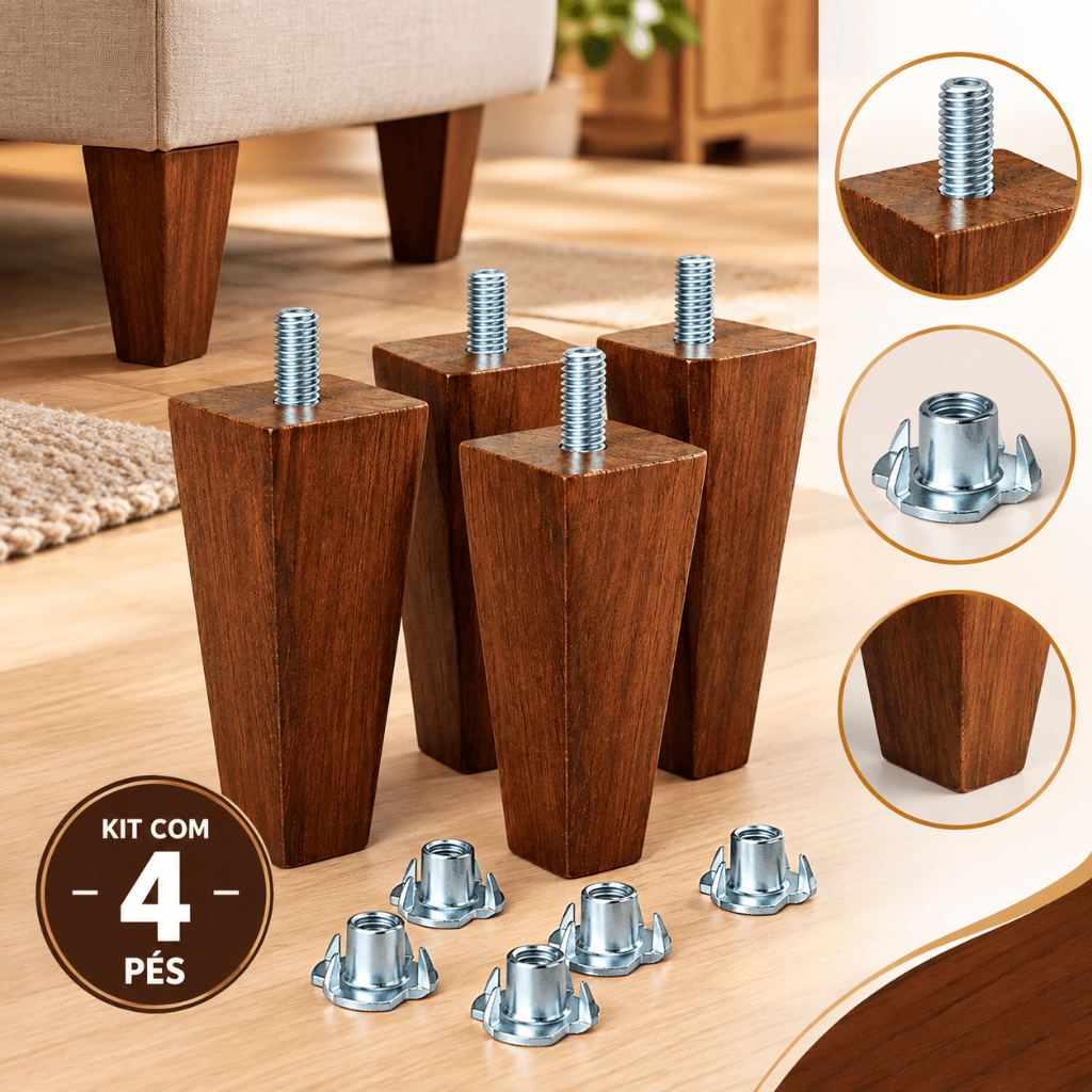 Kit Pé Madeira de Lei Trapézio Cama Box Sofá Móveis em Geral 10cm Fixação Porca Garra l Reforçada