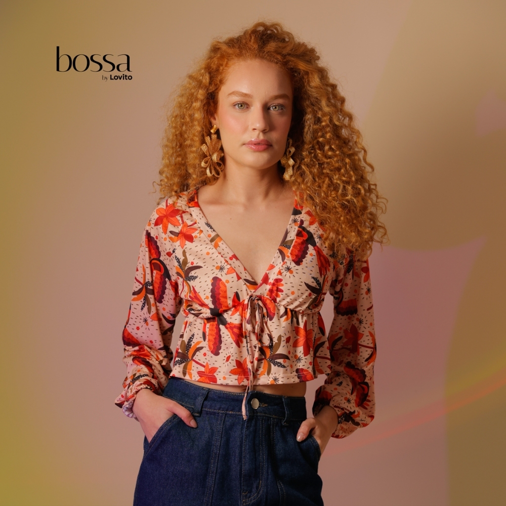 Lovito Bossa Blusa Feminina Manga Longa Estampada Decote V BLB479BRL509