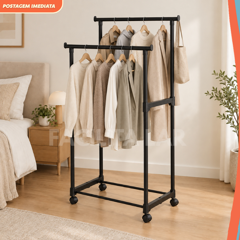 Cabideiro Arara Dupla de Roupa em Sapateira Quarto Resistente C/ Rodinha Multiuso Mais de 20 Cabides