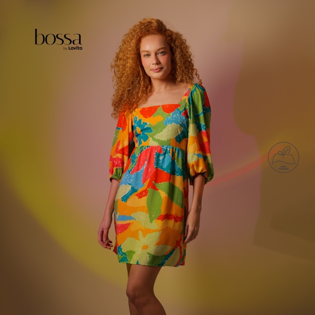 Lovito Bossa Vestido Feminino em Viscose Com Mangas 3/4 Estampa Colorida DRB618BRL648