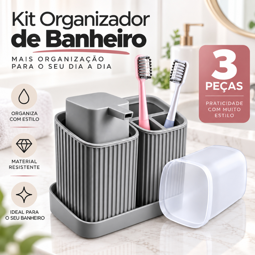 Kit Banheiro 3 Peças com Bandeja Porta Escova E Dispenser de Sabonete Liquido 400ml