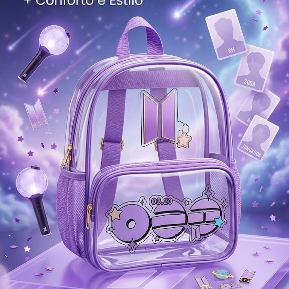 Mochila Transparente BTS  – Estilo K-Pop, Show & Escola | PVC Resistente com Bolsos Frontais